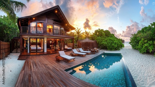 Luxurious beachfront villa with private pool at sunset.