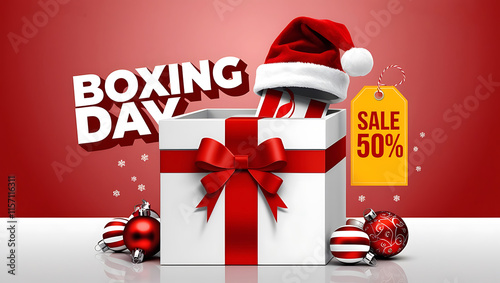 Boxing Day Sale Banner with Gift Box and Santa Hat Design photo