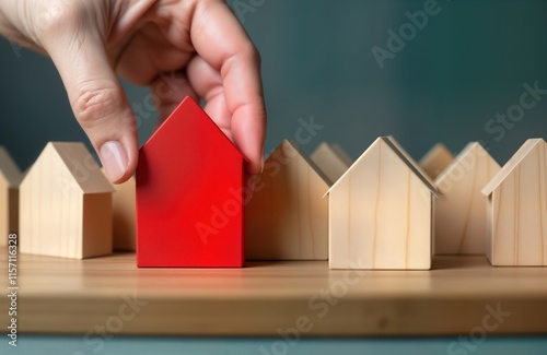 Hand selects red house model among many light brown ones. Property selection concept. Real estate agent helps client choose. Purchase rental decision. Customer looking for new home. Investment