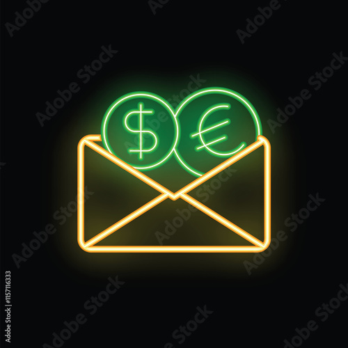 Neon sign illustrating an open envelope containing a dollar and a euro coin, representing international money transfer
