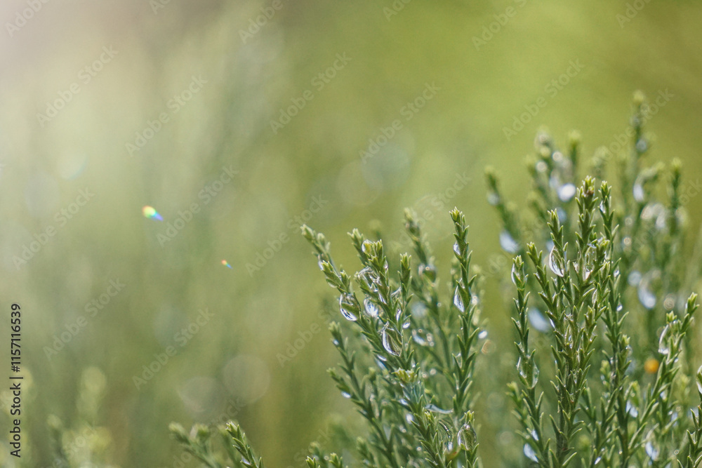 cypress branches with raindrops in rainy days, green background cypress branches with raindrops in rainy days, green background