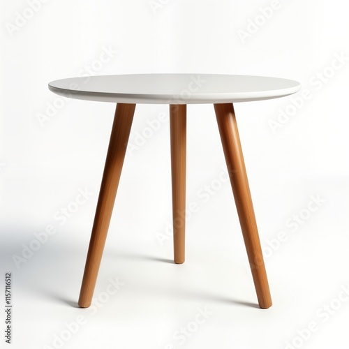 Small round white table with three wooden legs displayed against plain white backdrop. Table empty. Modern design furniture object suitable for home interior. Simple, elegant design. Clean lines,