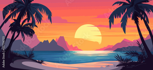 Exotic Tropical Beach Sunset Vector Illustration with Smooth 3D Elements for Relaxation Themes