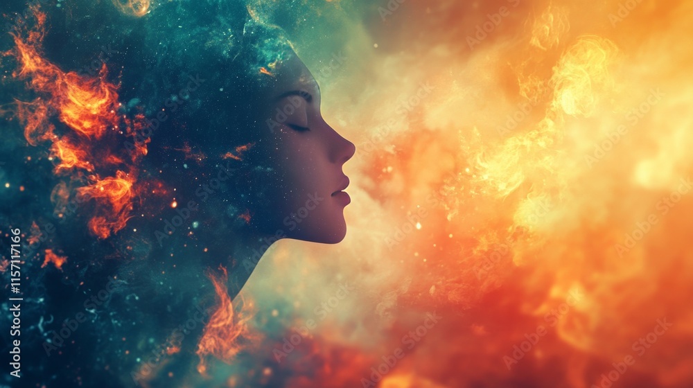 Cosmic Woman: A Surreal Portrait of Inner Fire and Celestial Harmony Cosmic Woman: A Surreal Portrait of Inner Fire and Celestial Harmony