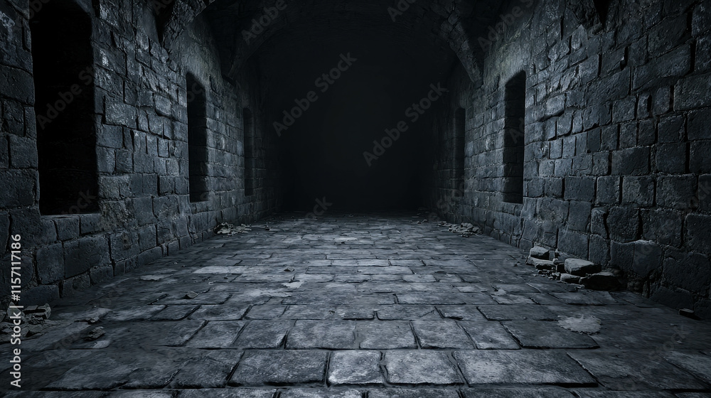 Derelict Dungeon Hall with Dark Atmosphere and Stone Walls for Fantasy Settings Derelict Dungeon Hall with Dark Atmosphere and Stone Walls for Fantasy Settings