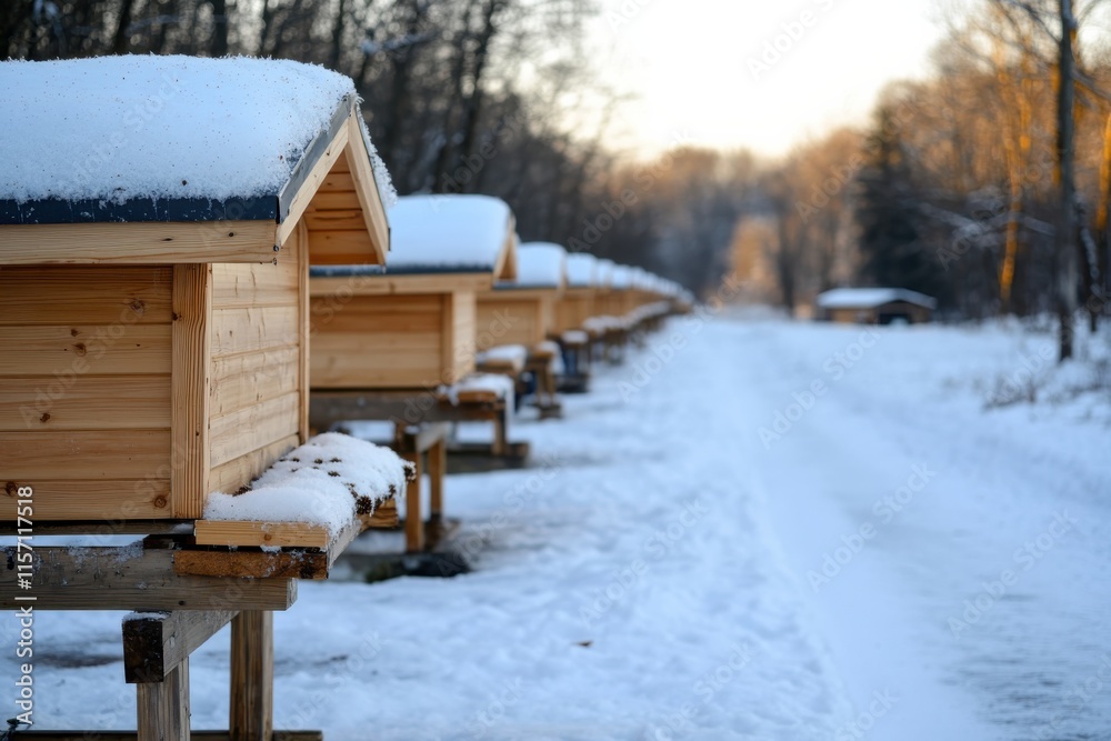 A peaceful row of wooden beehives covered in a thick layer of snow, set against a tranquil winter landscape, evoking a sense of calm and nature's beauty. A peaceful row of wooden beehives covered in a thick layer of snow, set against a tranquil winter landscape, evoking a sense of calm and nature's beauty.