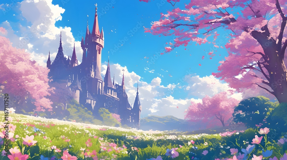 Dreamy castles on a sunny spring day with flowers, anime style