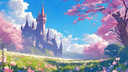 Dreamy castles on a sunny spring day with flowers, anime style