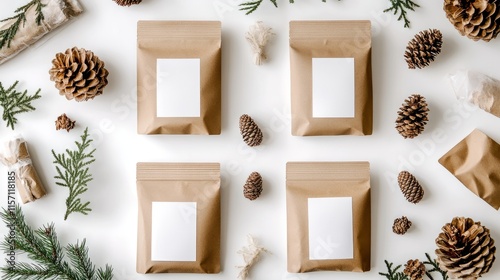 Flat lay of kraft paper pouches with white labels, surrounded by natural accents like pine cones and recycled paper photo