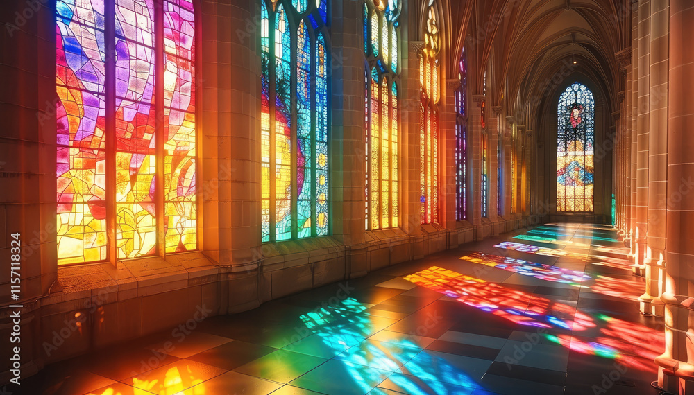 Sunlight without the sun being directly visible, colorful stained-glass windows, magnificent. Sunlight without the sun being directly visible, colorful stained-glass windows, magnificent.