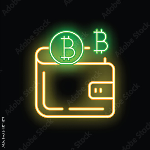 Neon sign of green bitcoin symbol shining over digital wallet with clasp closure