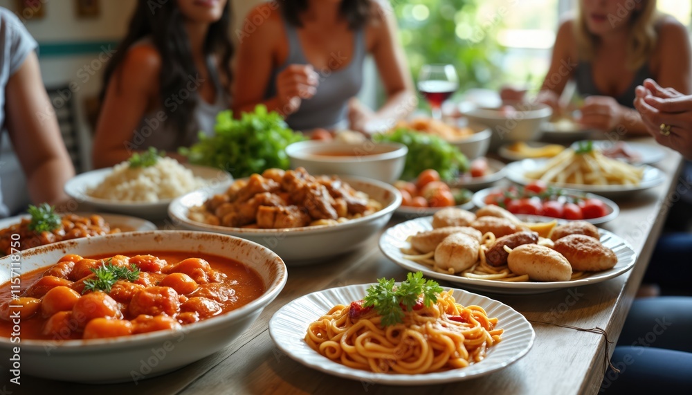 Fototapeta premium Large group enjoys communal potluck dinner. Diverse dishes showcase global cuisines. People gather around table laden with food. Dishes from different cultures shared creating friendly atmosphere.