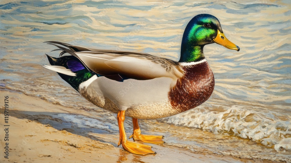 A mallard duck waddling on the shore of a lake, its feathers detailed and vibrant, with gentle waves lapping at the sandy edge.