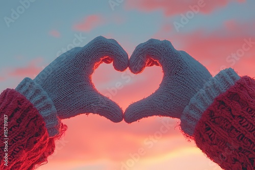 A woman's hands in gloves making a heart shape against a winter sunset background. Love concept.