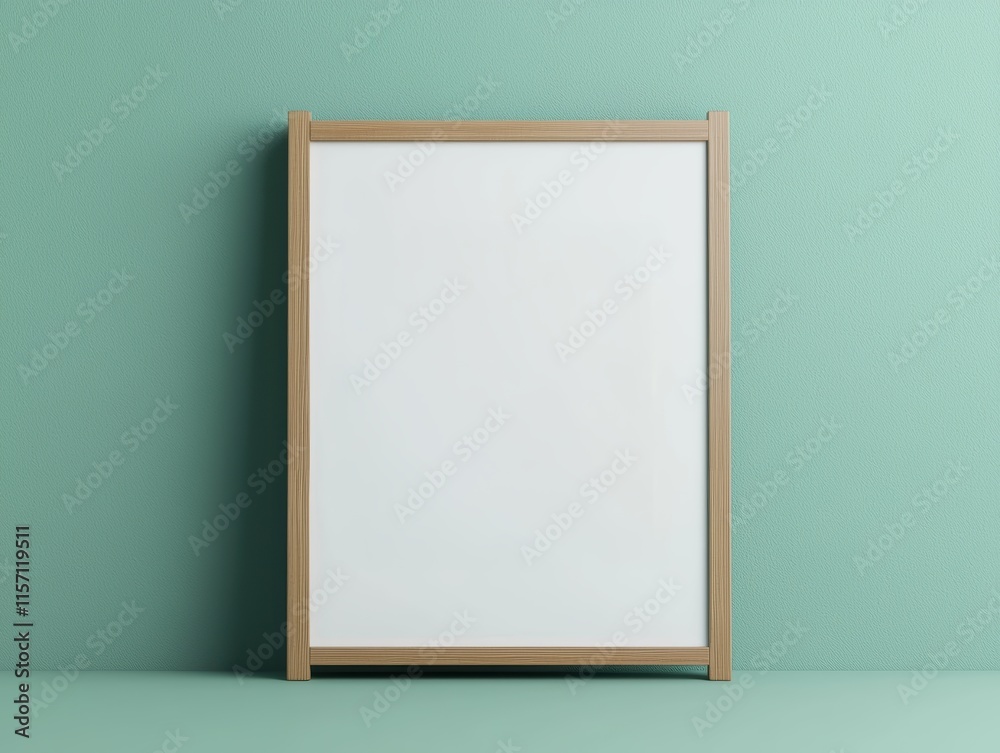 Empty white frame with wooden border leaning on mint green wall Empty white frame with wooden border leaning on mint green wall