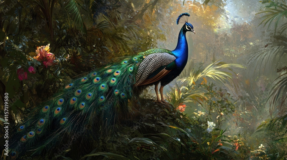 A wild Indian peacock in its habitat, showcasing its brilliant blue and green plumage in a lush tropical setting with tall grass and flowers A wild Indian peacock in its habitat, showcasing its brilliant blue and green plumage in a lush tropical setting with tall grass and flowers