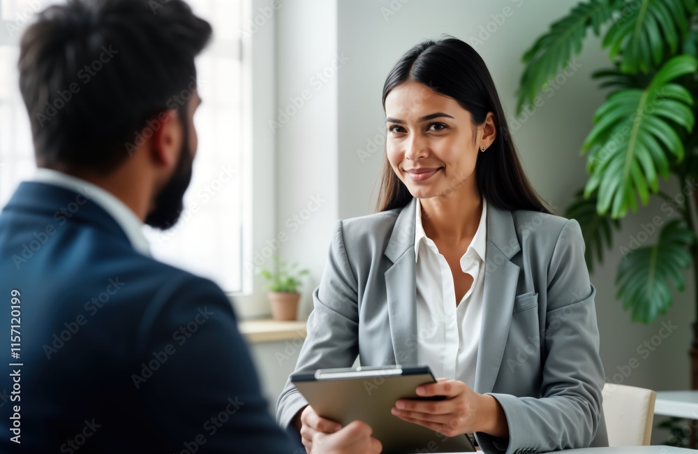 Obraz premium Business woman performs performance review with employee in office. Manager evaluates employee progress. Pro setting with plants. Positive, productive discussion. Modern office environment. Formal
