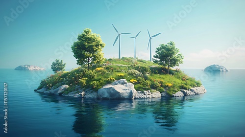 Idyllic island with wind turbines, lush vegetation, and calm ocean.