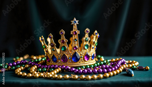 Golden crown with colorful beads on dark green background
