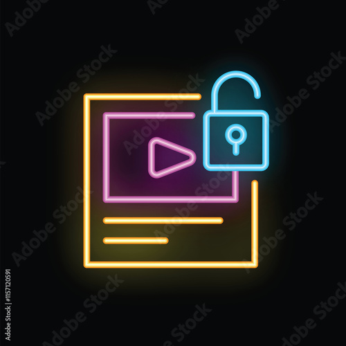 Neon icon of a video file being unlocked, representing the concept of digital content protection and access control