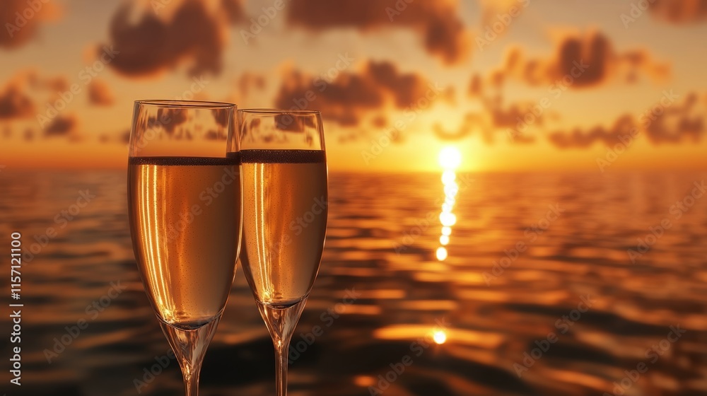 Elegant champagne glasses sparkling in the golden sunset light on a luxury cruise ship balcony, with a breathtaking Caribbean ocean view. Perfect vacation moment for relaxation and celebration Elegant champagne glasses sparkling in the golden sunset light on a luxury cruise ship balcony, with a breathtaking Caribbean ocean view. Perfect vacation moment for relaxation and celebration