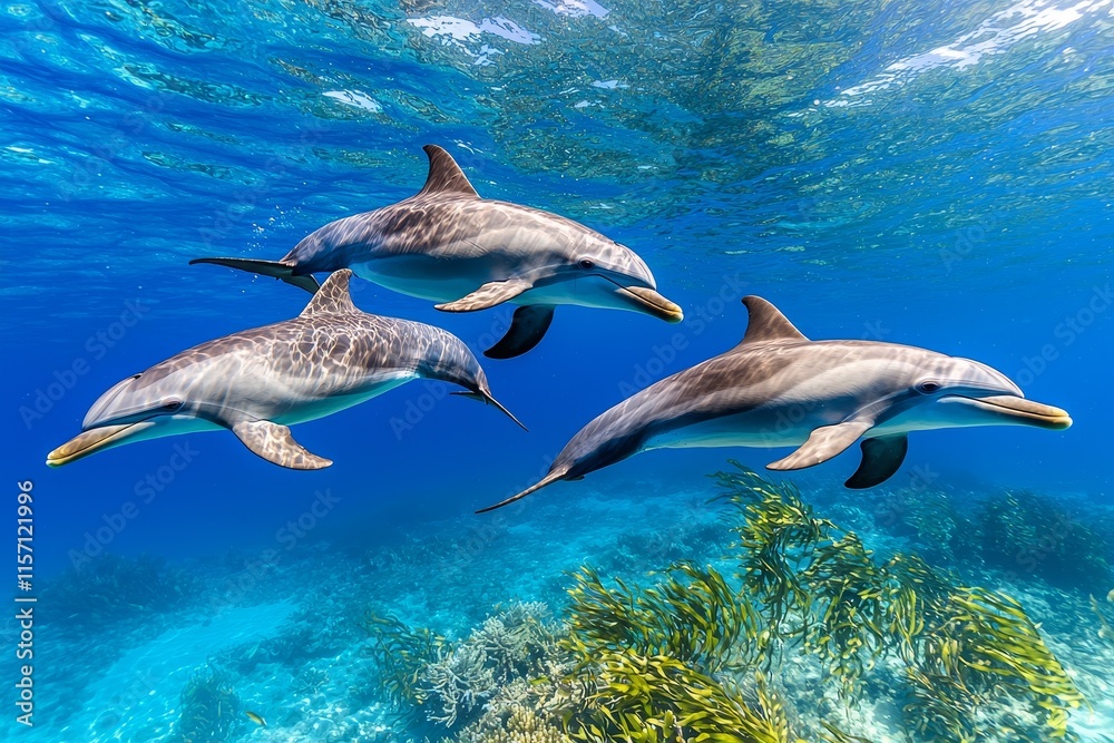 Fototapeta premium A tranquil light green ocean scene with dolphins and vibrant seaweed, ideal for underwater themes and marine conservation initiatives.