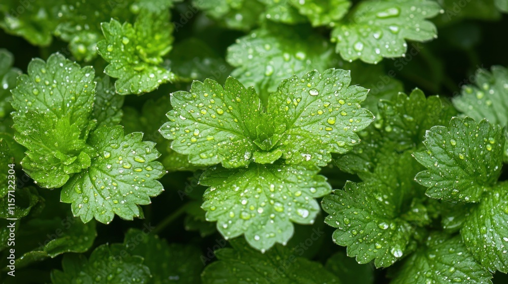 Close-up of dew-covered green leaves. Close-up of dew-covered green leaves.