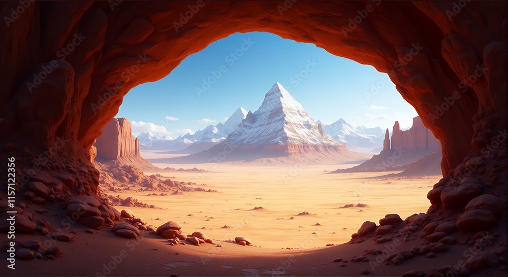 Fototapeta premium 砂漠の洞窟から望む、雪を頂いたピラミッド型の山々
