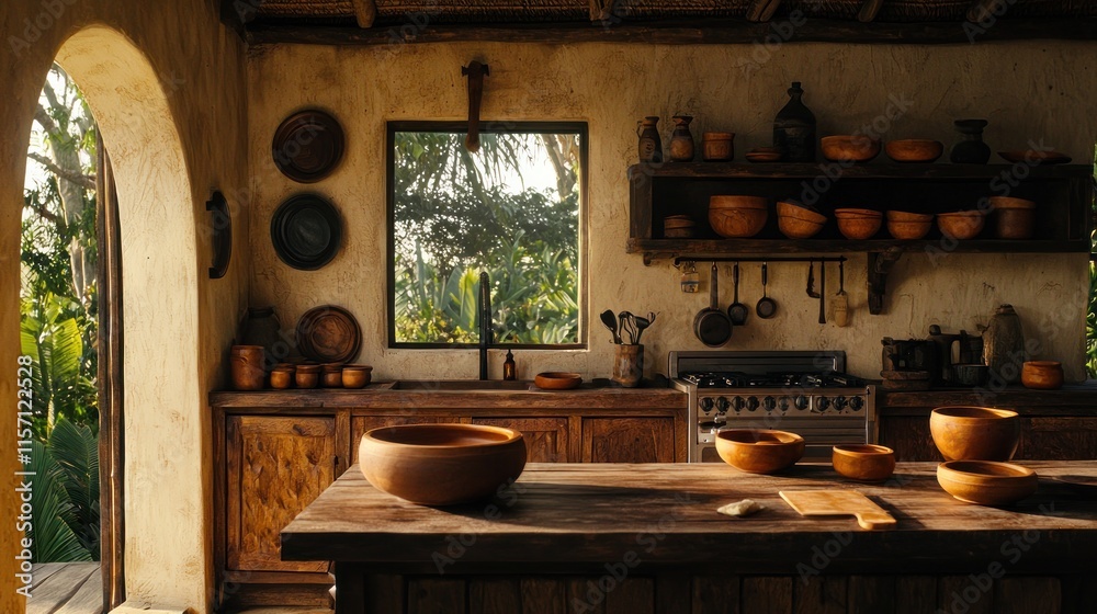 Fototapeta premium Rustic kitchen with wooden bowls, island, and tropical view.