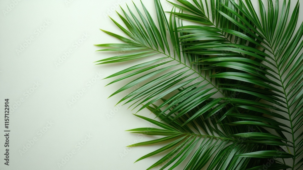 Fototapeta premium Lush green palm fronds on white background. (1)