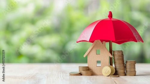 Wallpaper Mural A wooden house under a red umbrella on a stack of coins, representing the concept of home insurance and financial security. Torontodigital.ca