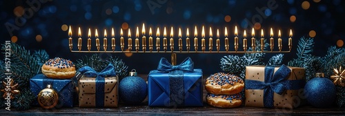 A festive display featuring a menorah, gifts, and donuts, celebrating Hanukkah. photo