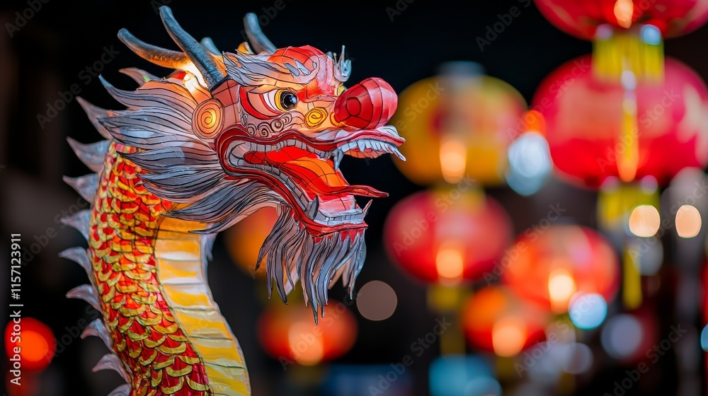A magical Lantern Festival setting with radiant lanterns and traditional dragon dances beneath the night sky, showcasing cultural charm.