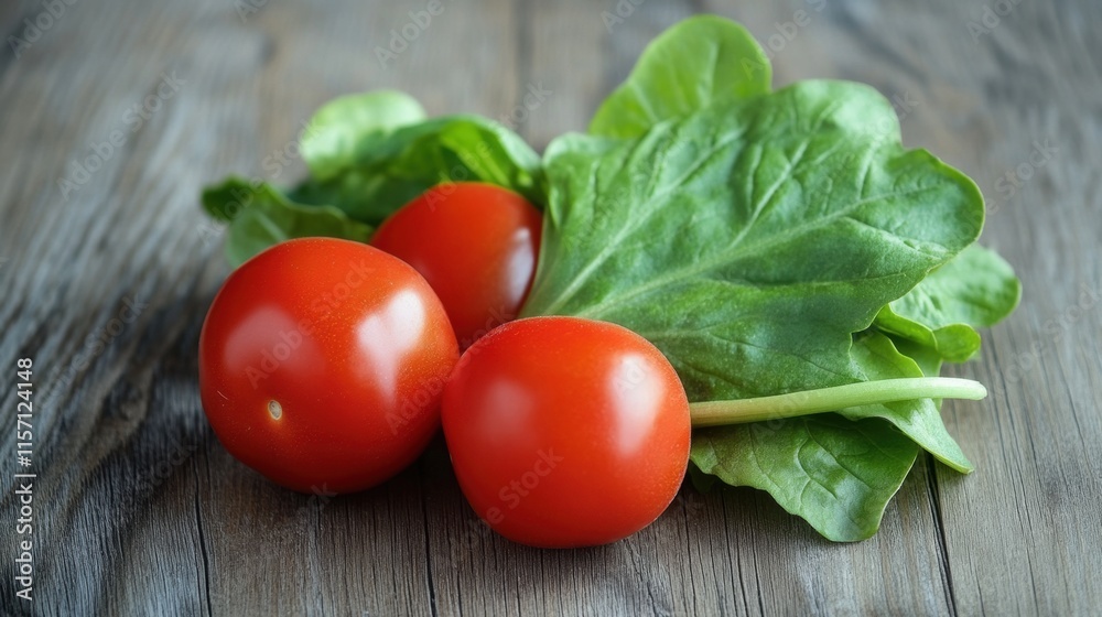 Fresh tomatoes and leafy greens on rustic wooden table Fresh tomatoes and leafy greens on rustic wooden table