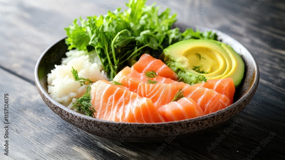 Fresh salmon sashimi with avocado and greens in a bowl Fresh salmon sashimi with avocado and greens in a bowl