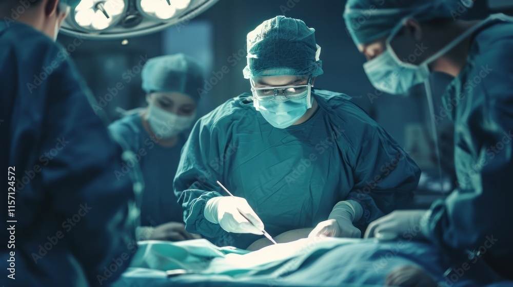 surgeons performs a critical operation under bright surgical lights, symbolizing precision, teamwork, and life-saving medical expertise in a modern hospital