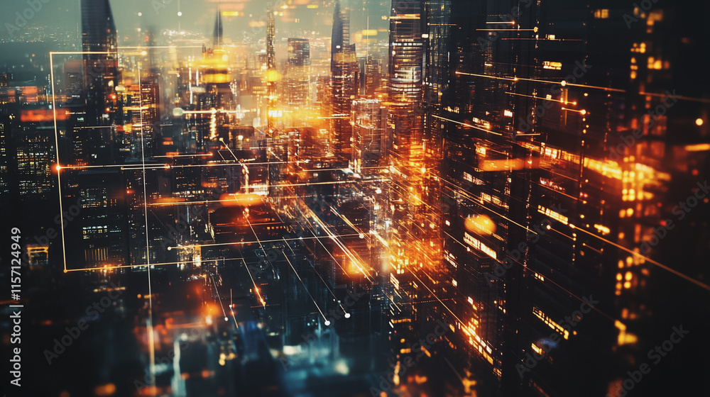 Fototapeta premium Smart digital Innovation city with connection network reciprocity over the cityscape. of future smart wireless digital city and social media networking systems that connects people with in city