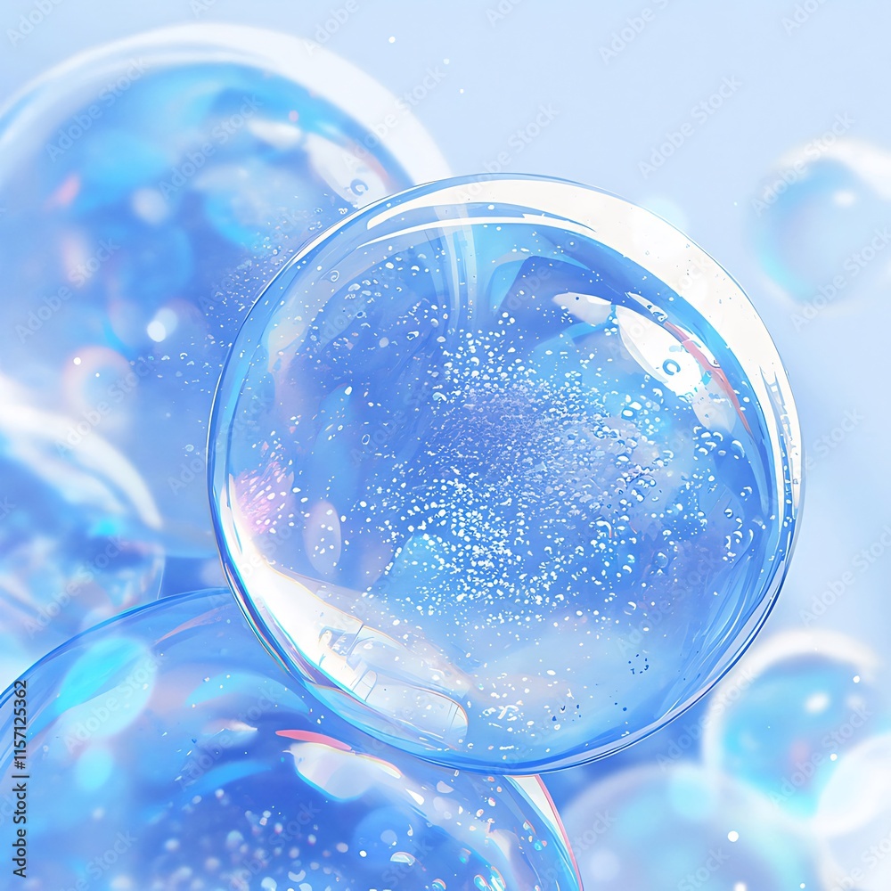 Close-up of translucent blue spheres with internal sparkle, floating against a light blue background. Close-up of translucent blue spheres with internal sparkle, floating against a light blue background.