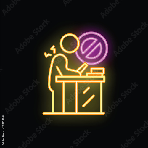Neon sign of a man with back pain working at a desk, warning about the risks of office syndrome
