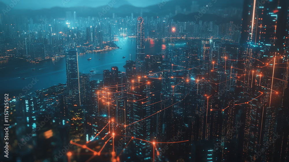Smart digital Innovation city with connection network reciprocity over the cityscape. of future smart wireless digital city and social media networking systems that connects people with in city Smart digital Innovation city with connection network reciprocity over the cityscape. of future smart wireless digital city and social media networking systems that connects people with in city