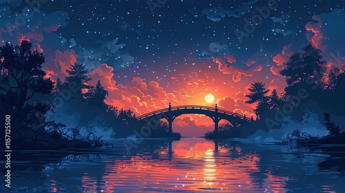 flat design, illustration, The Bridge of Moonlight: A nighttime journey under a sky full of stars photo