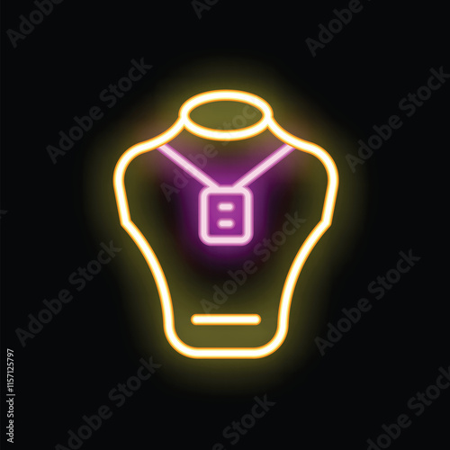 Bright yellow neon sign of a mannequin wearing a necklace on a black background