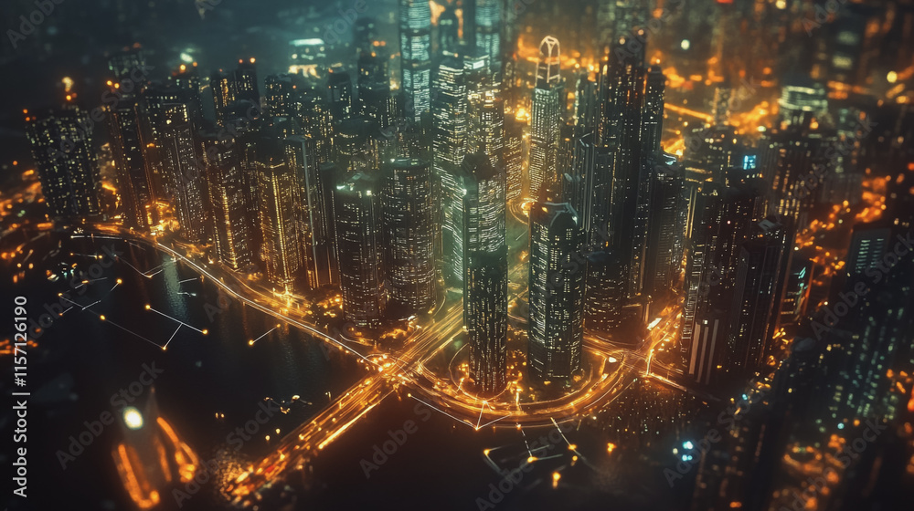 Fototapeta premium Smart digital Innovation city with connection network reciprocity over the cityscape. of future smart wireless digital city and social media networking systems that connects people with in city