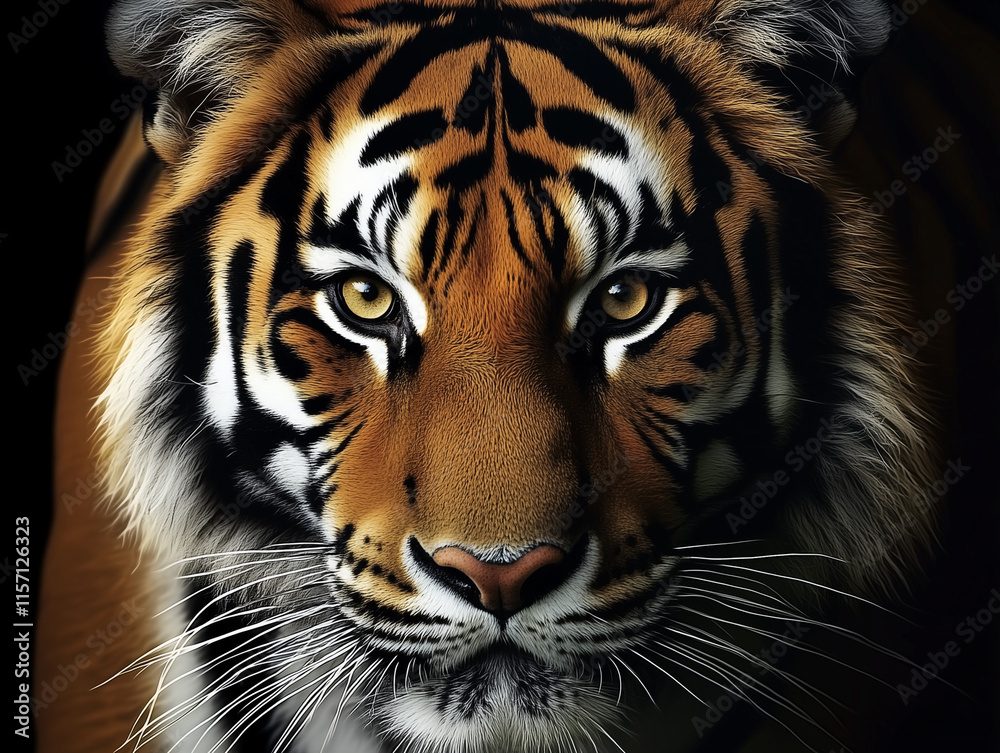 Naklejka premium Majestic tiger intensifies gaze in a dark backdrop showcasing its striking fur and fierce expression