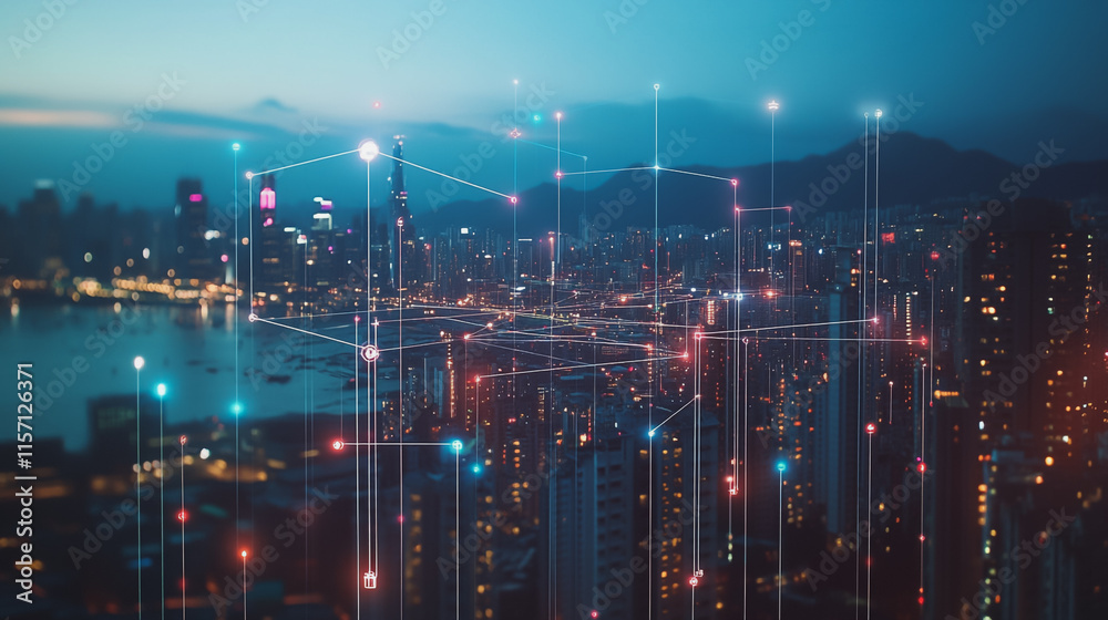 Fototapeta premium Smart digital Innovation city with connection network reciprocity over the cityscape. of future smart wireless digital city and social media networking systems that connects people with in city