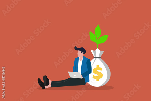 Businessman confidently sitting side of money plant, concept of  wealth and financial success. Idea for investor, investment, business tycoon
