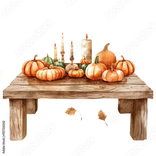 A watercolor of a wooden table with a centerpiece of autumn gourds, isolated on a white background. Autumn table vector.
