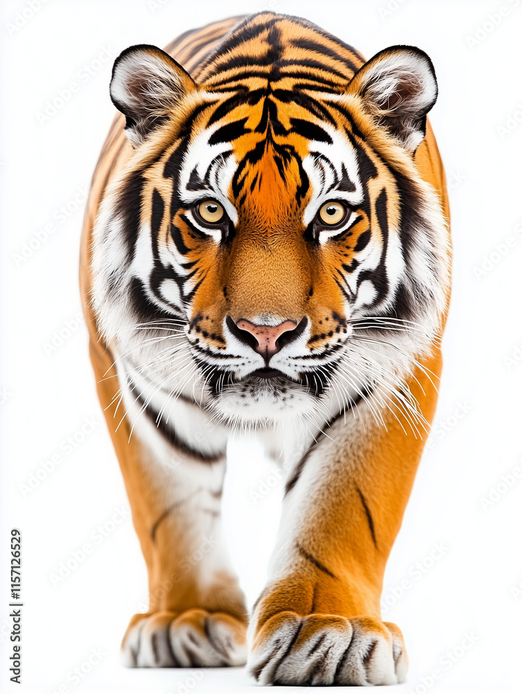 Obraz premium Majestic tiger walking toward the viewer with piercing eyes and striking fur in a vibrant display of nature\'s power