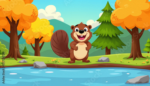 Cartoon beaver smiling happily by the river with colorful trees in a cheerful background