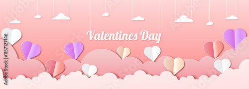 Valentine's Day design featuring paper-cut clouds and love-themed decorations.